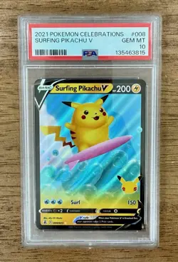 2021 Pokemon TCG Celebrations SURFING PIKACHU V Holo #008/025 PSA 10 English - Image 1