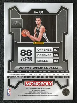 Victor Wembanyama 2023-24 Panini Prizm Basketball Monopoly Base RC #81 - Image 2