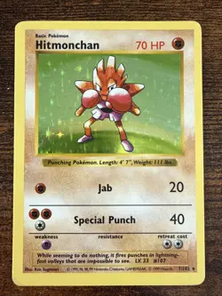 Pokemon TCG Hitmonchan 7/102 Unlimited Holo Rare Base Set Dark print variant - Image 1