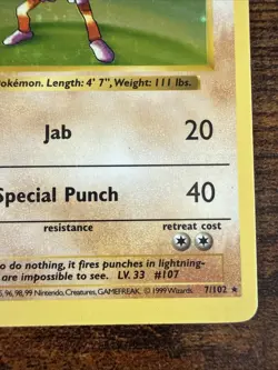 Pokemon TCG Hitmonchan 7/102 Unlimited Holo Rare Base Set Dark print variant - Image 3