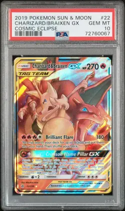 PSA 10 2019 Pokemon Cosmic Eclipse Charizard & Braixen GX TAG TEAM Holo 22/236 - Image 1