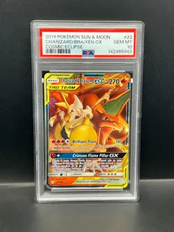 Pokemon PSA 10 GEM Charizard & Braixen GX 22/236 Cosmic Eclipse Holo 2019 S#5943 - Image 1