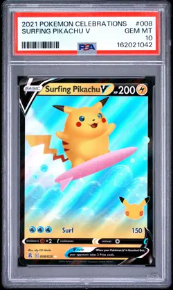 2021 POKEMON CELEBRATIONS #008 SURFING PIKACHU V PSA 10 - Image 1