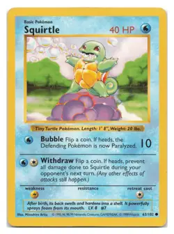 Squirtle 63/102 Common Base Set Shadowless Pokemon Unlimited 1999 - Image 1