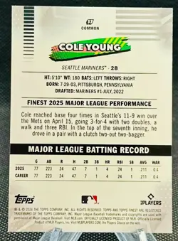2026 Topps Finest Common Purple X-Fractor Refractor Cole Young M's Rc #'d 43/75 - Image 2