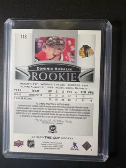 2019-20 Upper Deck The Cup Rookie Patch Auto /249 Dominik Kubalik - Image 2