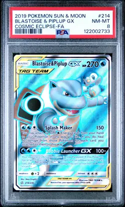 2019 POKEMON SUN & MOON COSMIC ECLIPSE #214 FULL ART/BLASTOISE & PIPLUP GX PSA 8 - Image 1