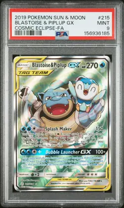 2019 POKEMON SUN & MOON COSMIC ECLIPSE #215 FULL ART/BLASTOISE & PIPLUP GX PSA 9 - Image 1