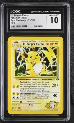 CGC 10 GEM MINT Lt. Surge's Raichu 2000 Gym Challenge 11/132 Holo Pokemon Card - Image 1