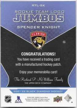 2021/22 UD Black Diamond "Rookie Team Logo Jumbos" Spencer Knight Patch RC - Image 2