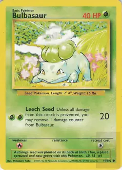 BULBASAUR 44/102 Common BASE SET UNLIMITED Pokemon Moderately Played - Image 1