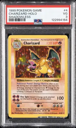 1999 POKEMON BASE SET SHADOWLESS #4 CHARIZARD-HOLO PSA 3 - Image 1