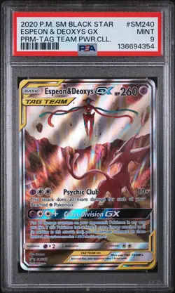 2020 POKEMON SM BLACK STAR PROMO ESPEON & DEOXYS GX #SM240 TAG TEAM FA PSA 9 - Image 1