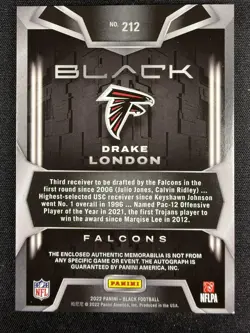 2022 Panini Black #212 Drake London Silver Rookie Patch Auto RPA /99 - Image 2