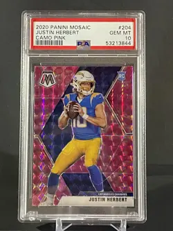 2020 Panini Mosaic Justin Herbert Camo Pink Prizm Rookie RC #204 PSA 10 Chargers - Image 1