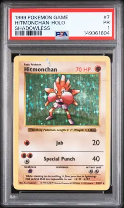 1999 POKEMON BASE SET SHADOWLESS #7 HITMONCHAN-HOLO PSA 1 - Image 1