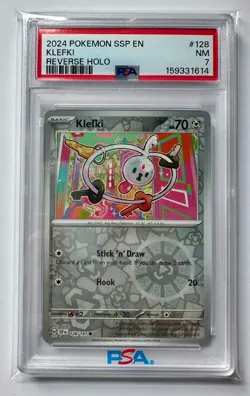 2024 POKEMON SSP EN-SURGING SPARKS | REVERSE HOLO #128 KLEFKI - PSA 7 - Image 1