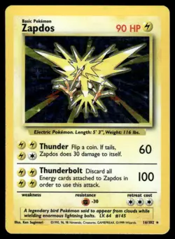 Pokemon Cards Zapdos 16/102 Base Set Unlimited Holo WOTC Rare LP *1 - Image 1
