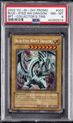 2002 YU-GI-OH! PROMO BPT-COLLECTOR'S TINS #003 BLUE-EYES WHITE DRAGON PSA 8 - Image 1