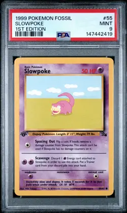 PSA 9 MINT 1999 POKEMON FOSSIL 55 SLOWPOKE 1ST EDITION ENGLISH - Image 1