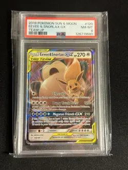 Pokemon 2019 Sun & Moon Team Up Eevee & Snorlax GX 120/181 Holo PSA 8 - Image 1