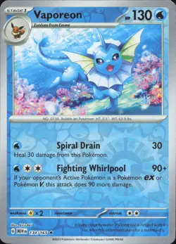Pokemon Vaporeon 134/165 Rare 151 Reverse Holo Near Mint - Image 1