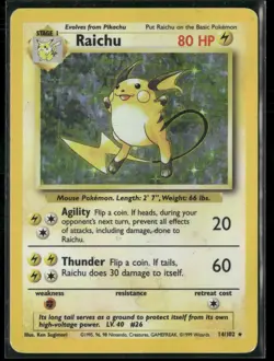 Pokemon TCG Raichu 14/102 Base Set Holo Rare 1999 Wizards 80 HP English - Image 1