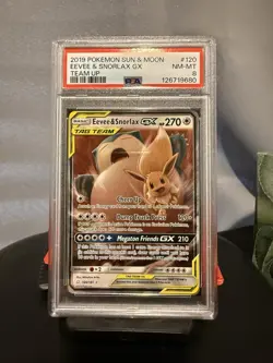 Pokemon 2019 Sun & Moon Team Up Eevee & Snorlax GX 120/181 Holo PSA 8 - Image 1