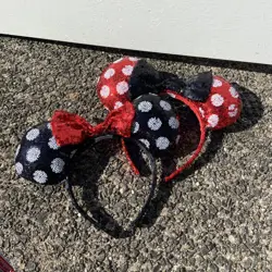 2 Disney Minnie Ears Mickey Mouse Red Sequin Black White Polka Dot Bow Headband - Image 1