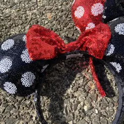 2 Disney Minnie Ears Mickey Mouse Red Sequin Black White Polka Dot Bow Headband - Image 2