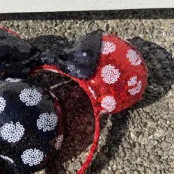 2 Disney Minnie Ears Mickey Mouse Red Sequin Black White Polka Dot Bow Headband - Image 3
