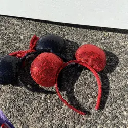 2 Disney Minnie Ears Mickey Mouse Red Sequin Black White Polka Dot Bow Headband - Image 5
