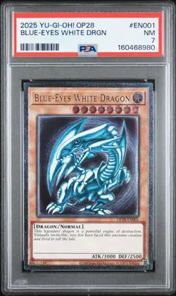 Yu-Gi-Oh! Blue-Eyes White Dragon OP28-EN001 Ultimate Rare PSA 7 EURO PRINT - Image 1