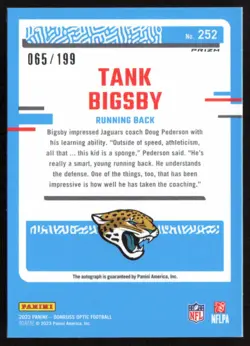 2023 Donruss Optic Rated Rookies Autographs /199 Tank Bigsby #252 Rookie Jaguars - Image 2