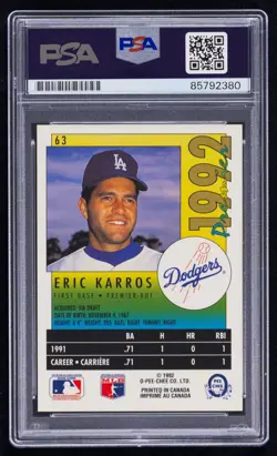 Eric Karros Signed 1992 O-Pee-Chee Premier Card #63 (PSA) Los Angeles Dodgers - Image 2
