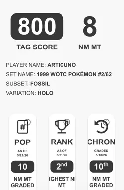Pokemon TCG Articuno Fossil 2/62 Holo Rare 1999 Wizards TAG 8 Graded 2nd Overall - Image 3