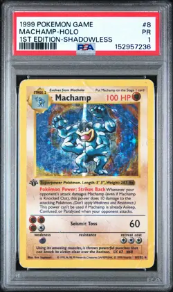 1999 POKEMON GAME 1ST EDITION-SHADOWLESS #8 MACHAMP-HOLO PSA 1 - Image 1