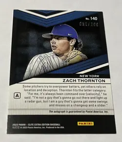 Zach Thornton 2023 Panini Elite Extra Edition Rookie Auto /200 New York Mets RC - Image 2