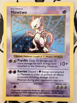 Pokemon Mewtwo 10/102 Base Set Shadowless Holo Rare WOTC Vintage 1999 LP - Image 1