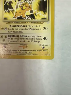 Pokemon Card Raichu 21/64 Neo Revelation Rare WOTC Vintage 2001 NM - Image 3