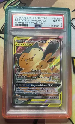 2019 POKEMON SM BLACK STAR PROMO SM169 FULL ART EEVEE SNORLAX GX TAG TEAM PSA 8 - Image 1