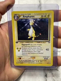 Pokemon TCG Neo Genesis 1st Edition Ampharos Holo Rare SWIRL 1/111 MP Crease Vtg - Image 1