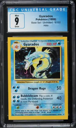 1999 Pokemon Base Set Gyarados #6 Holo Rare ERROR SQUARE CUT CGC 9 MINT - Image 1