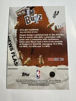 2025-26 Topps NBA Hoops Dylan Harper RC #TB-2 The Buzz Orange Holo Foil Spurs - Image 2