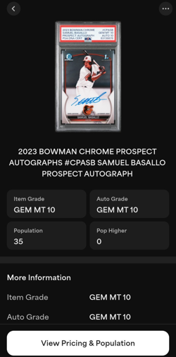 Samuel Basallo 2023 Bowman Chrome Prospect 1st #CPASB Auto Rare DNA PSA 10 - Image 3