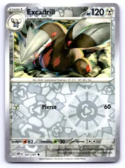 Pokemon SV03: Obsidian Flames Excadrill Uncommon (OBF) Reverse Holo 147/197 NM - Image 1