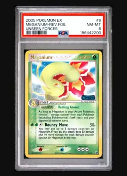 Pokemon Meganium 9/115 Unseen Forces Reverse Holo Stamp Low Pop 50 PSA 8 Mint - Image 1