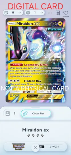 Miraidon EX Pokemon Pocket Mobile Game Card Paradox Drive Set◇◇◇◇ Card For Trade - Image 1