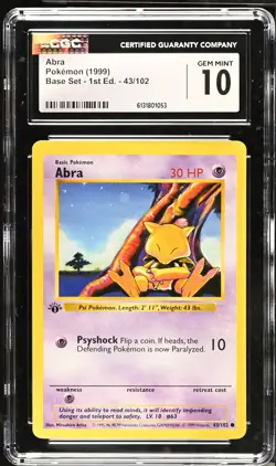 CGC 10 GEM MINT Abra 43/102 1st Edition Shadowless Base Set Pokemon Card - Image 1