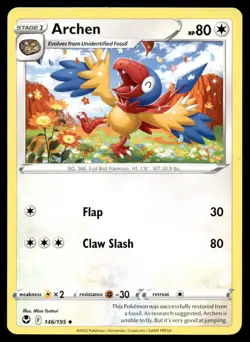 Archen 146/195 Pokemon Card Silver Tempest Uncommon 80 HP Lightly Played FS - Image 1